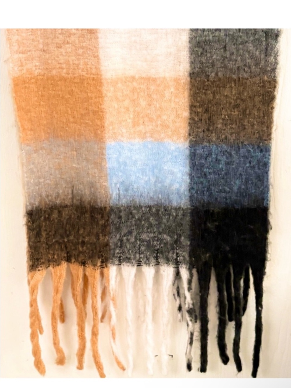 Erica Shamrock Checkered Fringe Wrap Scarf in Tan, Light Blue, Gray & Black